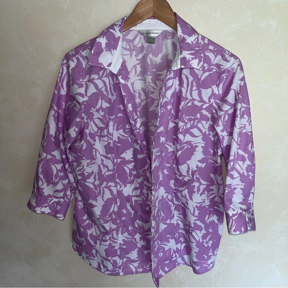 Christopher & Banks Purple and White Button Down Blouse